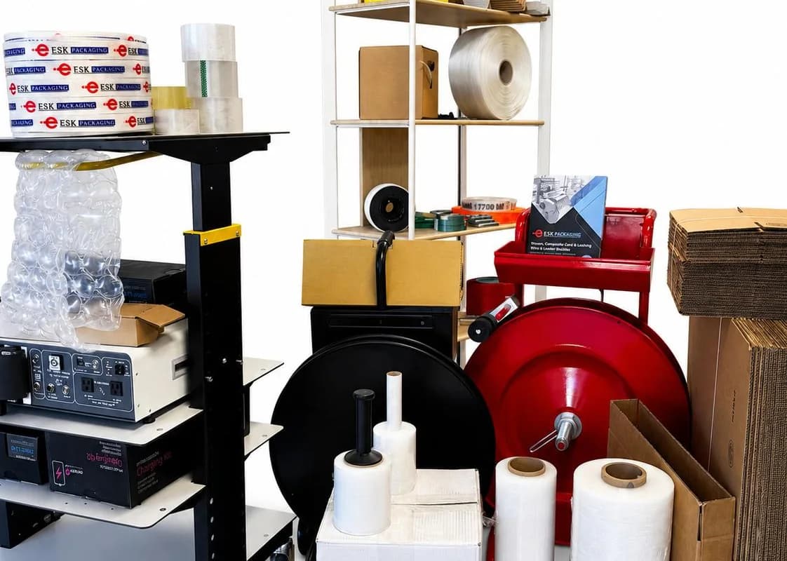 ESK Packaging product range: corrugated boxes, PET and cord strapping coils, stretch film rolls, ESK-branded packing tape, clear tape, bubble cushioning, strapping dispenser carts and packaging equipment