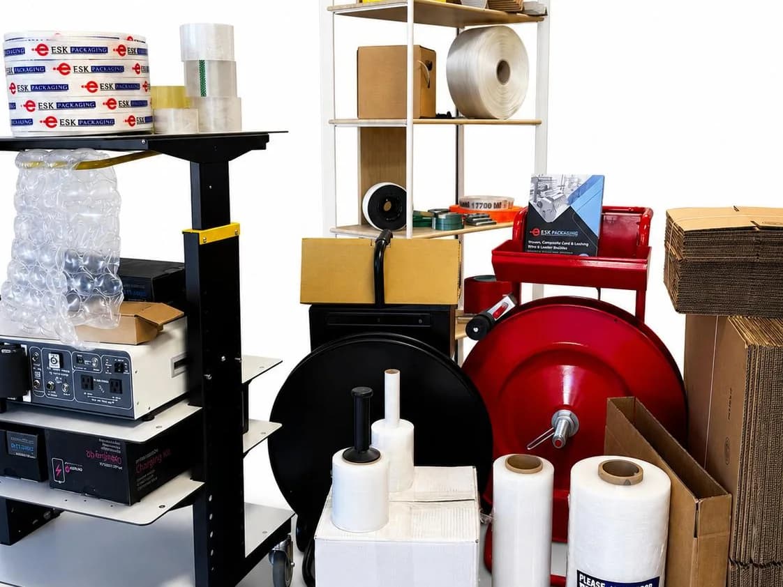 ESK Packaging product range: corrugated boxes, strapping coils, stretch film rolls, ESK-branded packing tape, clear tape, bubble cushioning and strapping dispenser carts